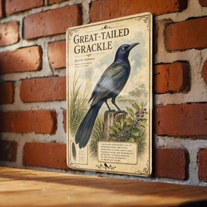 May include: A vintage-style metal sign featuring a detailed illustration of a Great-Tailed Grackle bird perched on a wooden post. The sign has a cream-colored background with decorative borders and text. The bird is depicted with black, blue, and green feathers.