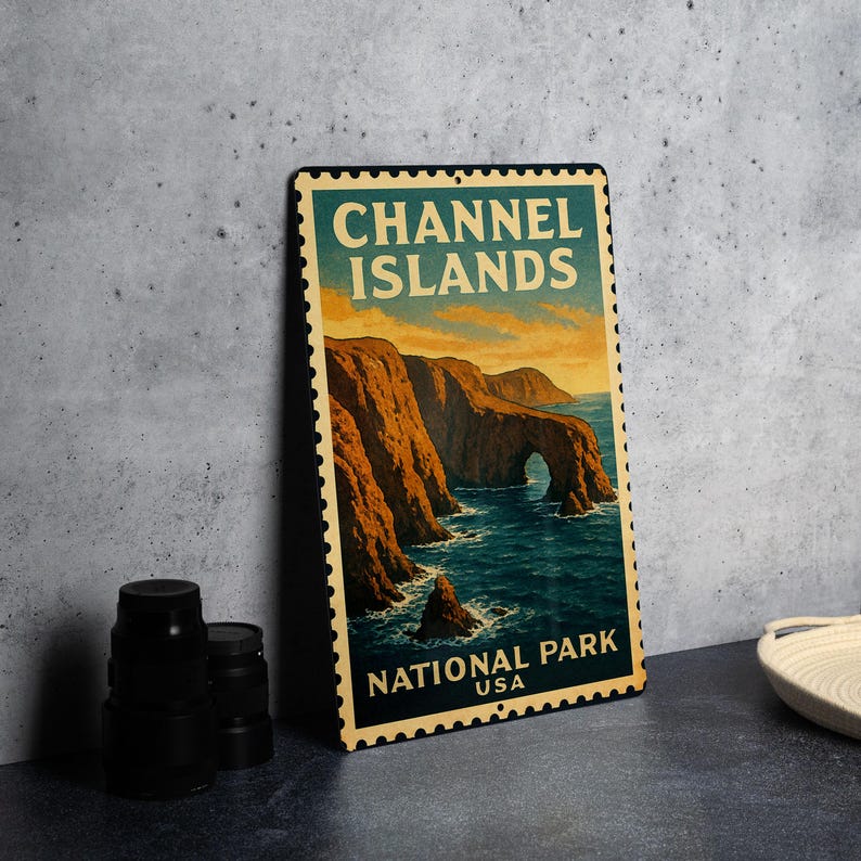 A vintage-style metal sign for Channel Islands National Park, featuring a scenic illustration of the rugged coastline and cliffs.