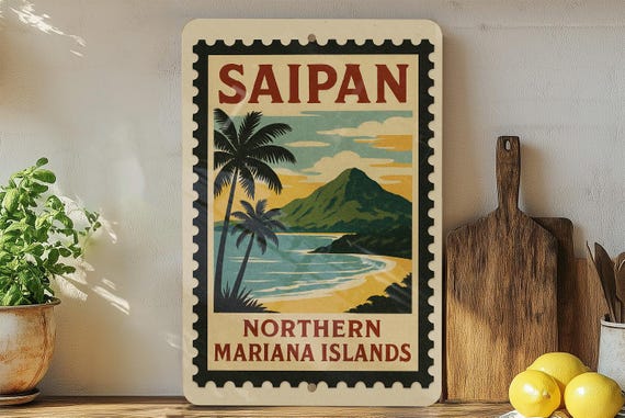 Saipan Northern Mariana Islands Postage Stamp Metal Sign – Vintage