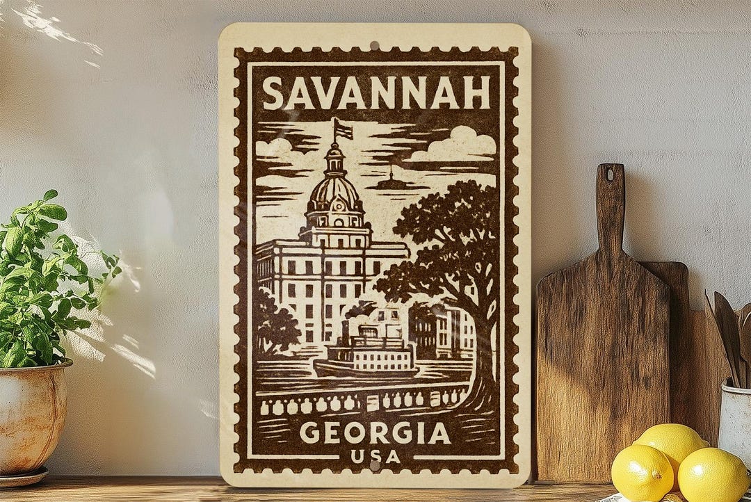 Savannah Georgia Metal Sign – Vintage Stamp Style Wall Art, Rustic