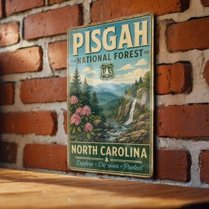 A vintage-style metal sign for the Pisgah National Forest in North Carolina, featuring a scenic mountain landscape with a waterfall.