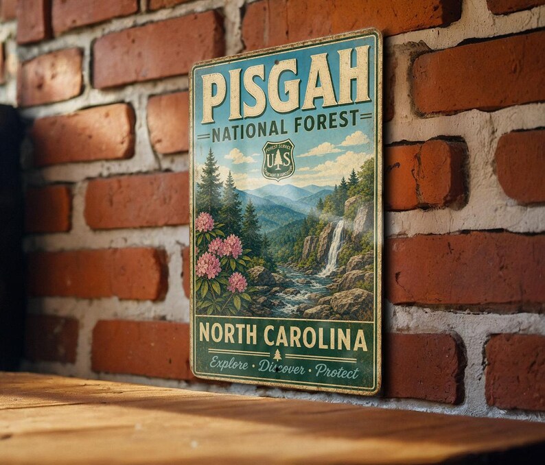 A vintage-style metal sign for the Pisgah National Forest in North Carolina, featuring a scenic mountain landscape with a waterfall.