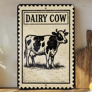 Vintage Dairy Cow Metal Sign – Rustic Farmhouse Wall Art, Barn Decor, Country Kitchen Tin Sign, Stamp Style Cow Illustration