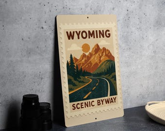 Wyoming Scenic Byway Metal Sign – Vintage Stamp Style Wall Art, Rustic Road Sign Decor for Cabin, Lodge or Travel Enthusiast