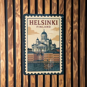 Helsinki Finland Metal Sign – Vintage Stamp Style Wall Art, Retro