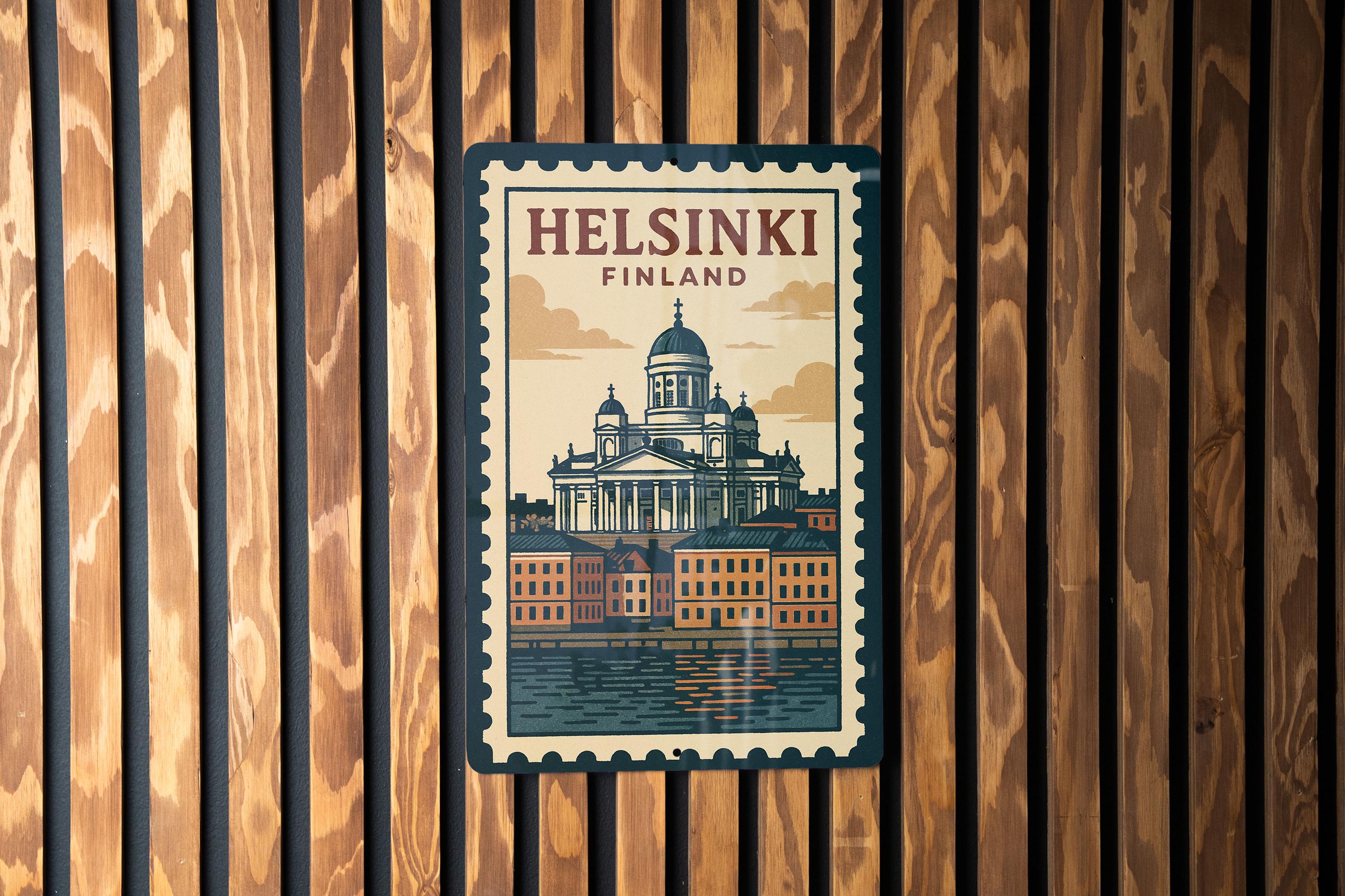 Helsinki Finland Metal Sign – Vintage Stamp Style Wall Art, Retro