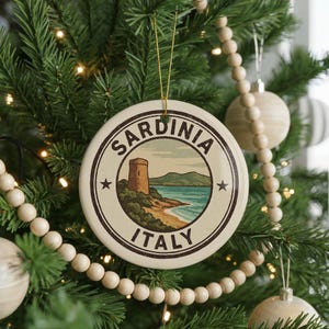 Sardinia Italy Ceramic Ornament – Round Travel Stamp Style Keepsake, Italian Island Souvenir, Rustic Holiday Decor