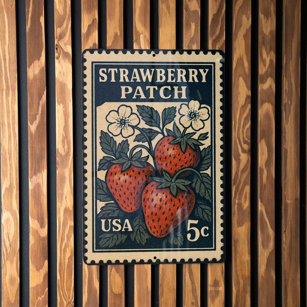 Strawberry Patch Metal Sign – Vintage Farmhouse Decor, Rustic Garden Wall Art, Stamp Style Kitchen Sign, Country Home Accent