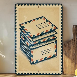 May include: Rectangular metal sign with a vintage design featuring a stack of envelopes. The envelopes are cream-colored with blue and red striped borders. The sign has a dark blue border with a postage stamp edge.