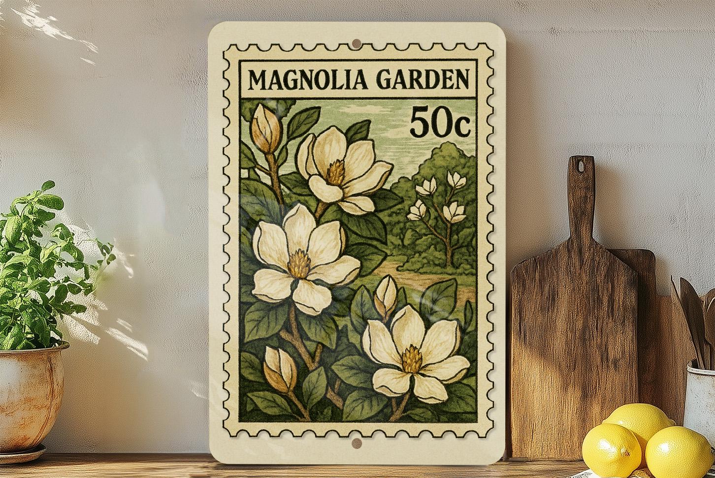 Magnolia Garden Metal Sign – Vintage Stamp Style Wall Art for Home ...