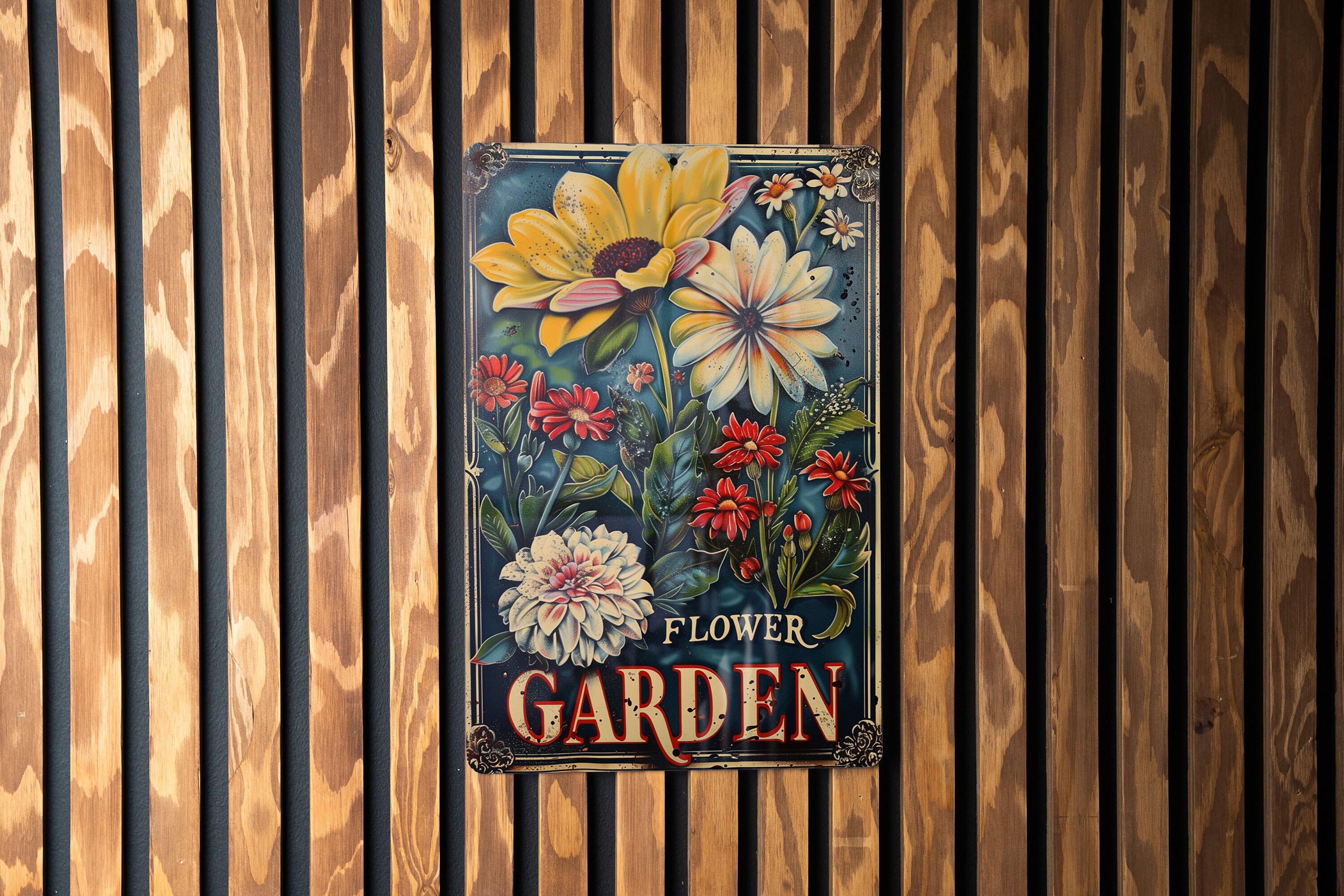 Rustic Flower Garden Metal Sign, Vintage Style, Elegant Font, Garden Frame, Flower Illustration
