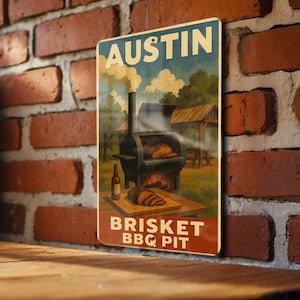 Austin Brisket BBQ Pit Metal Sign – Rustic Texas Barbecue Decor in Vintage WPA Poster Style Wall Art for Kitchen or Man Cave