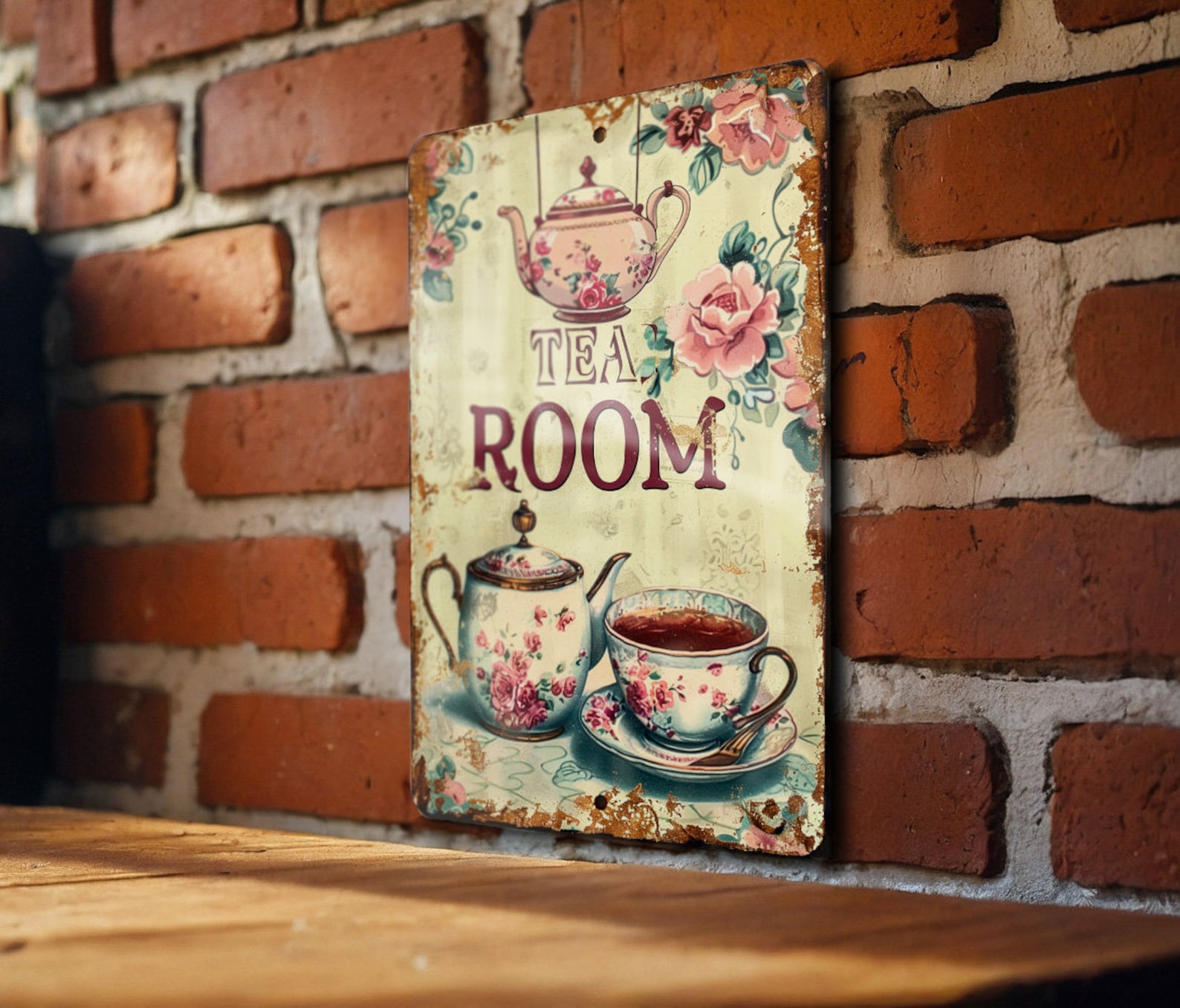 Vintage Tea Room Metal Sign: Victorian, Teapot and Cups, Soft Tones ...
