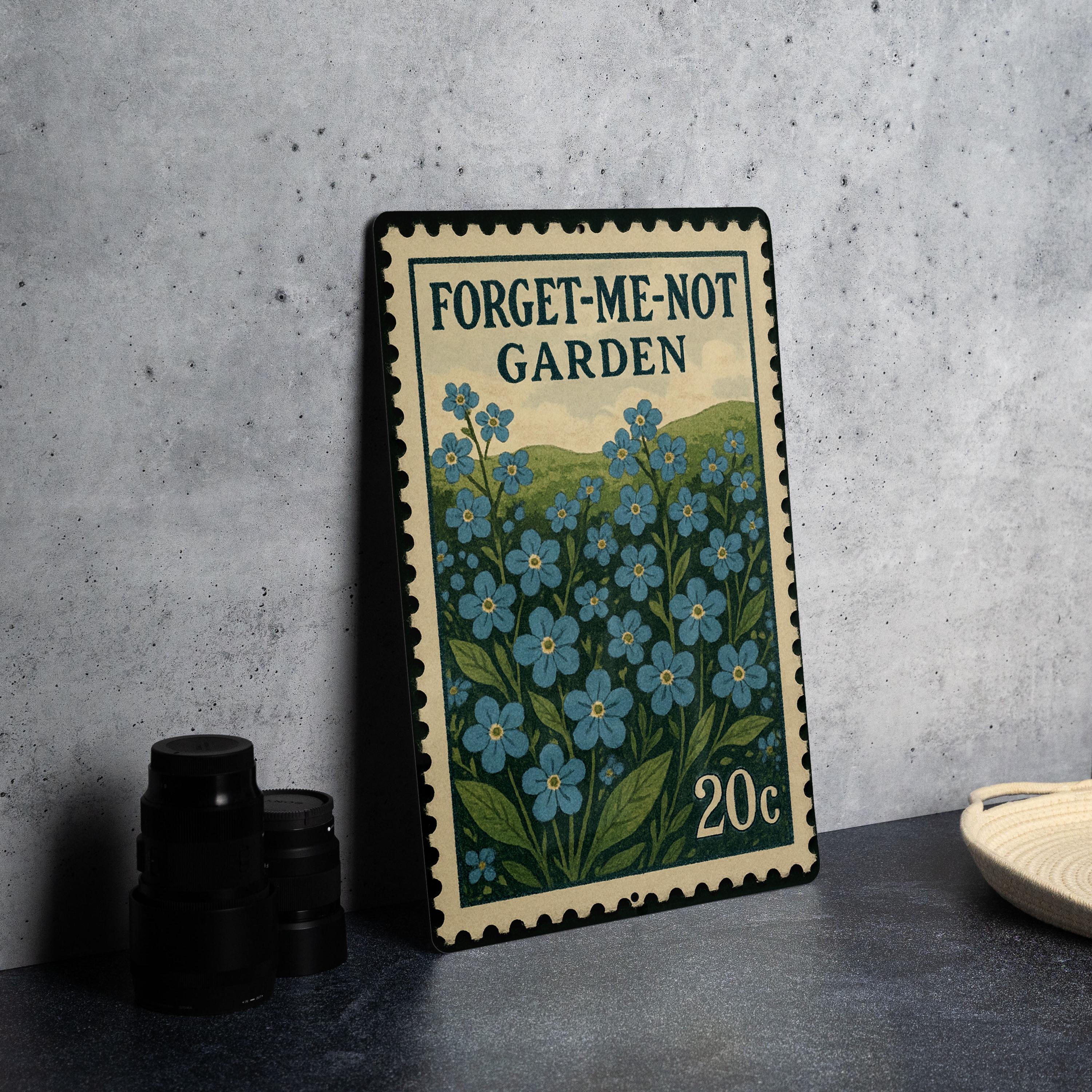 Forget-me-not Garden Metal Sign – Vintage Stamp Style Wall Art