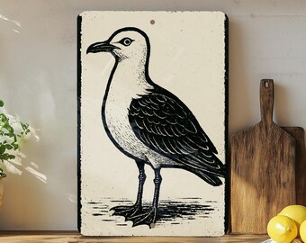 Seagull Stamp Art Metal Sign  – Vintage Coastal Wall Decor, Beach House Nautical Metal Artwork
