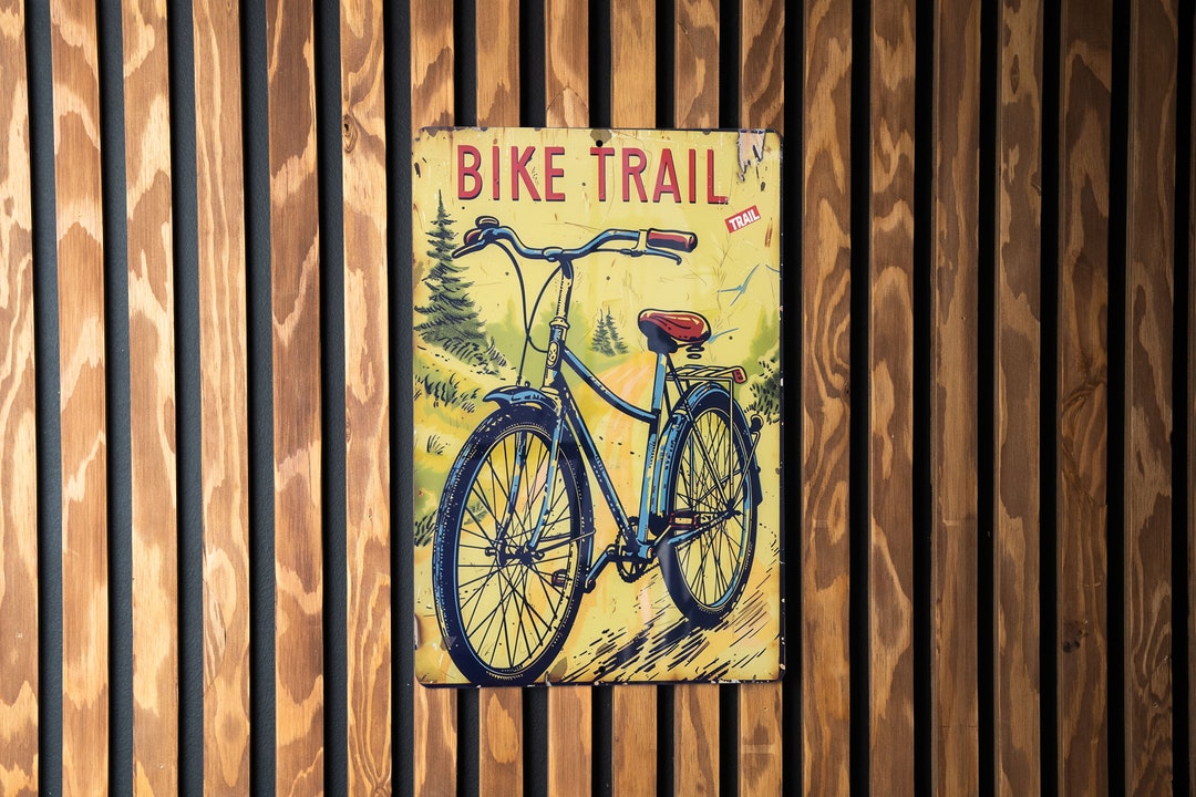 Bike Trail Metal Sign Vintage Style Bold Font Bright Colors Bike Frame Illustration Etsy