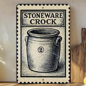 May include: A vintage-style metal sign featuring a stoneware crock illustration. The sign has a cream-colored background with a black and white drawing of a crock with the number 2. The text "STONEWARE CROCK" is displayed at the top.