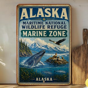 May include: Vintage metal sign featuring an Alaskan landscape with a whale breaching the water, an eagle soaring, and mountains in the background. The sign reads "Alaska Maritime National Wildlife Refuge Marine Zone."