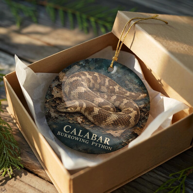 a decorative ornament in a cardboard box, featuring a close-up of a Burrowing Python snake.