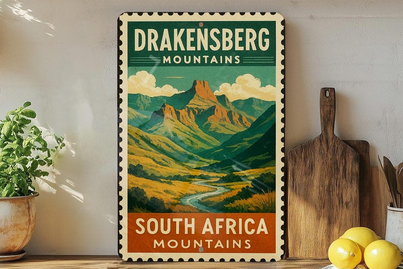 Drakensberg Mountains Metal Sign – Vintage Stamp Style Wall Art, South ...