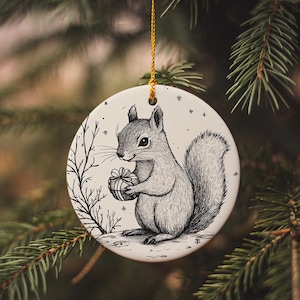 Squirrel Christmas Ornament, Cute Doodle Decor, Nut Gift Design, Holiday Ceramic Ornament, Festive Tree Decoration