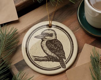 Kookaburra Ceramic Ornament – Circular Stamp Style Art, Australian Bird Holiday Decor, Rustic Wildlife Christmas Gift