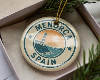 Menorca Spain Ceramic Ornament – Circular Stamp Style Travel Keepsake, Island Souvenir, Rustic Holiday Decoration
