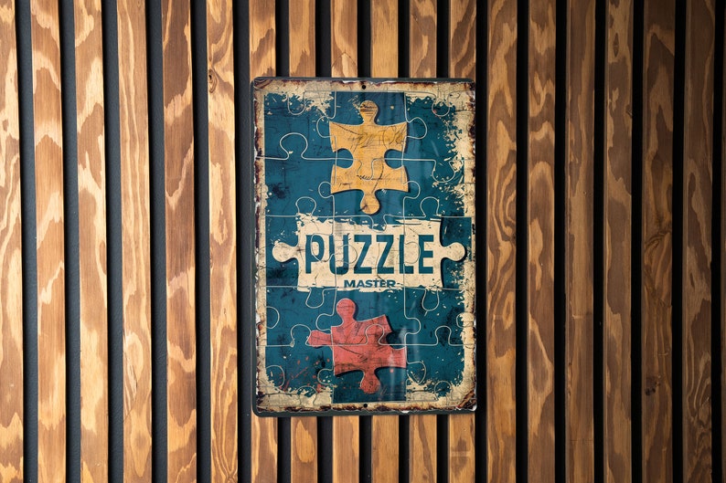 a wooden wall with a puzzle sign on it