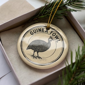 Guinea Fowl Ceramic Ornament – Circular Stamp Style Bird Art, Farmhouse Country Decor, Rustic Animal Christmas Ornament