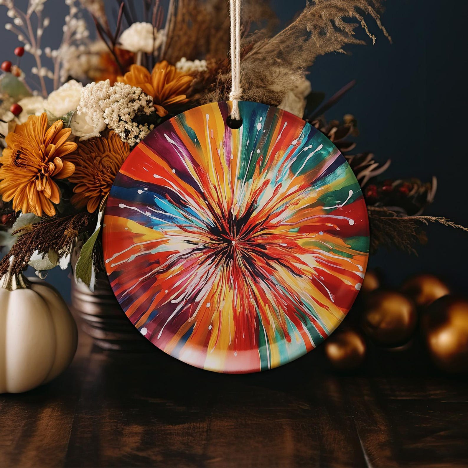 Circular Ceramic Ornament, Abstract Fireworks Design, Unique Home Decor