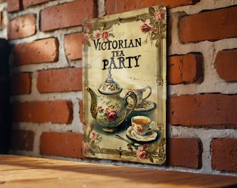 Victorian Tea Party, Teapot and Cups, Soft Tones, Elegant Frame, Classic Font Metal Sign