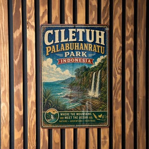May include: Vintage-style metal sign for Ciletuh Palabuhanratu Park, Indonesia, featuring a coastal landscape with waterfalls and ocean views. The sign is mounted on a wooden slat wall.