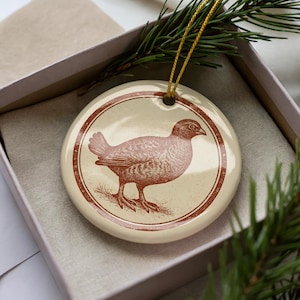 Grouse Ceramic Ornament – Rustic Circular Stamp Art, Woodland Bird Christmas Decor, Nature Wildlife Gift for Hunters
