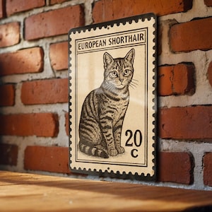 European Shorthair Cat Metal Sign – Vintage Stamp Style Wall Art, Retro Tin Decor for Cat Lovers, Rustic Home Sign