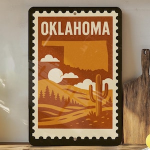 Oklahoma Stamp Style Metal Sign – Vintage State Art, Rustic Wall Decor, Weathered Tin Plaque for Home or Bar Display