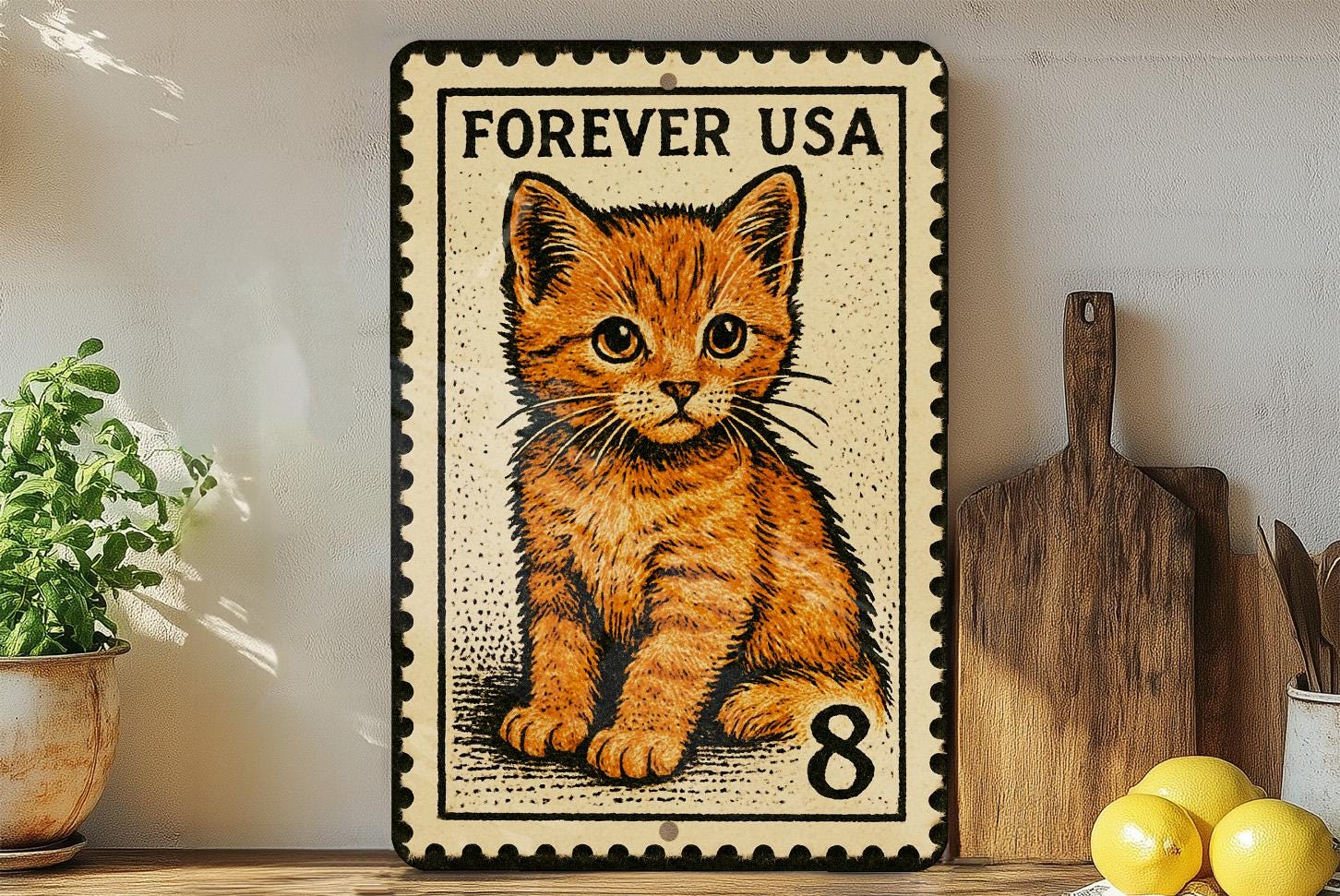 Orange Kitten Metal Sign – Vintage Stamp Style Cat Wall Art, Cute