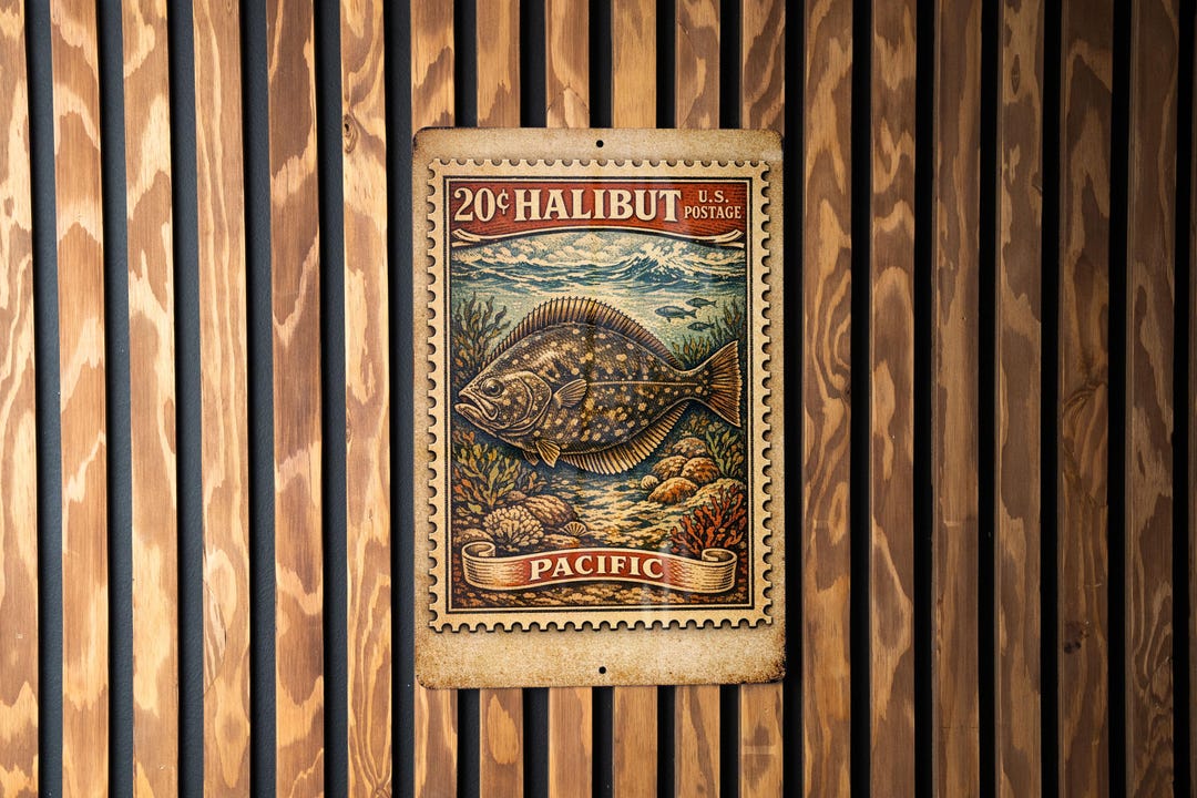 Halibut Pacific Vintage Stamp Style Metal Sign, Pacific Halibut Fish ...
