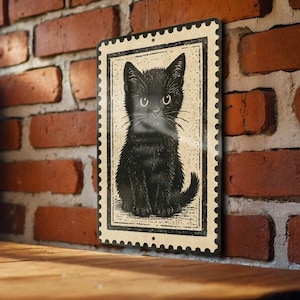 Black Kitten Stamp Art Metal Sign – Vintage Cat Wall Decor, Retro Tin Sign for Home, Garage, or Pet Lovers Gift