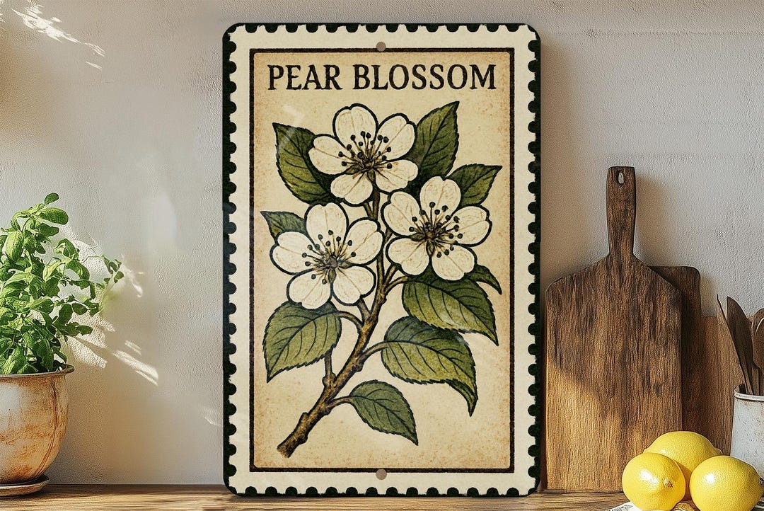 Pear Tree Sign Pear Blossom Metal Sign – Vintage Stamp Style Wall Art, Botanical ...