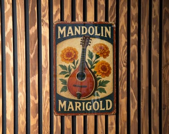 Rustic Americana Mandolin Marigold Tin Sign – Hand-Painted Vintage Metal Wall Art, Red Navy Cream, Farmhouse Decor