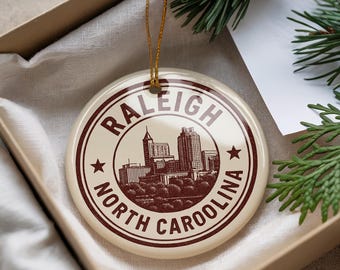 Raleigh North Carolina Ornament – Circular Stamp Style Ceramic Keepsake, NC City Skyline Holiday Decor Gift