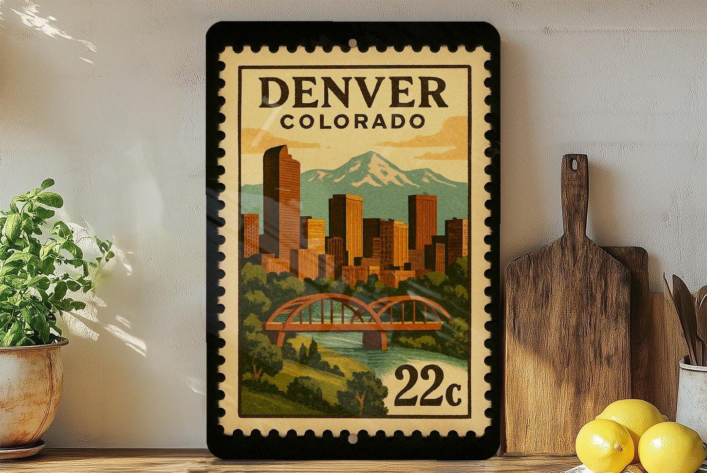 Iconic Denver Signs Denver Colorado Postage Stamp Metal Sign – Vintage Travel-inspired Wall ...