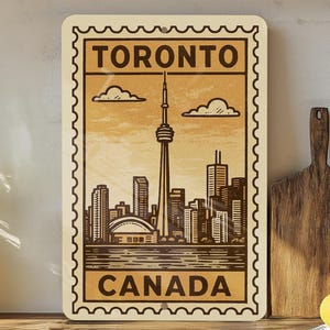 Toronto Canada Vintage Stamp Metal Sign – Retro Wall Art, Travel Souvenir Decor, Rustic City Skyline Tin Plaque for Home or Office