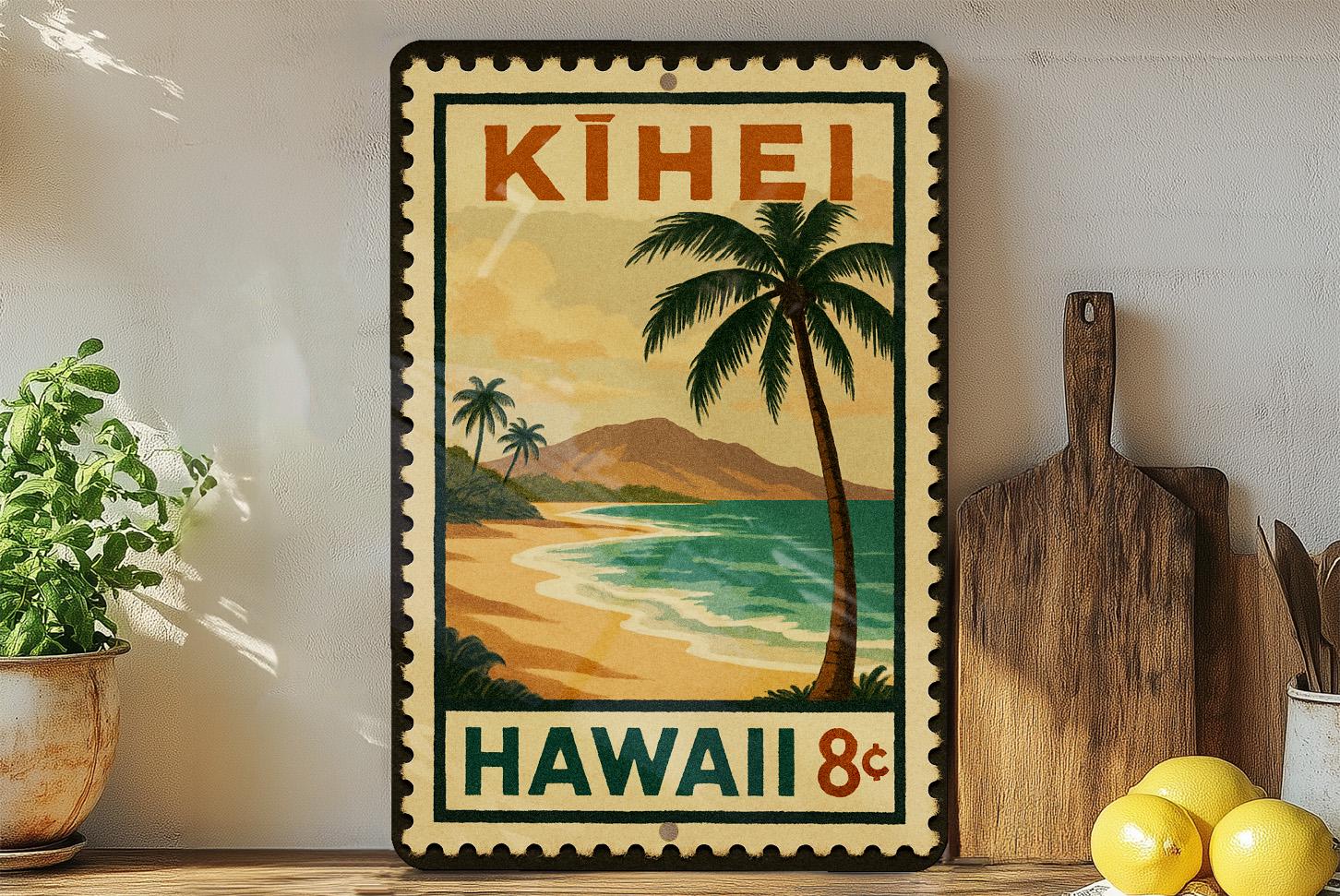 Kīhei Hawaii Metal Sign – Vintage Postage Stamp Design Featuring