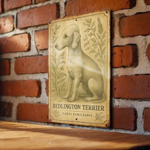 a picture of a bedlington terrier on a brick wall