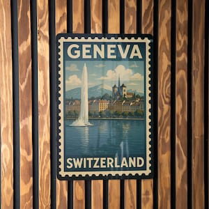 Geneva Switzerland Metal Sign – Vintage Travel Stamp Style Wall