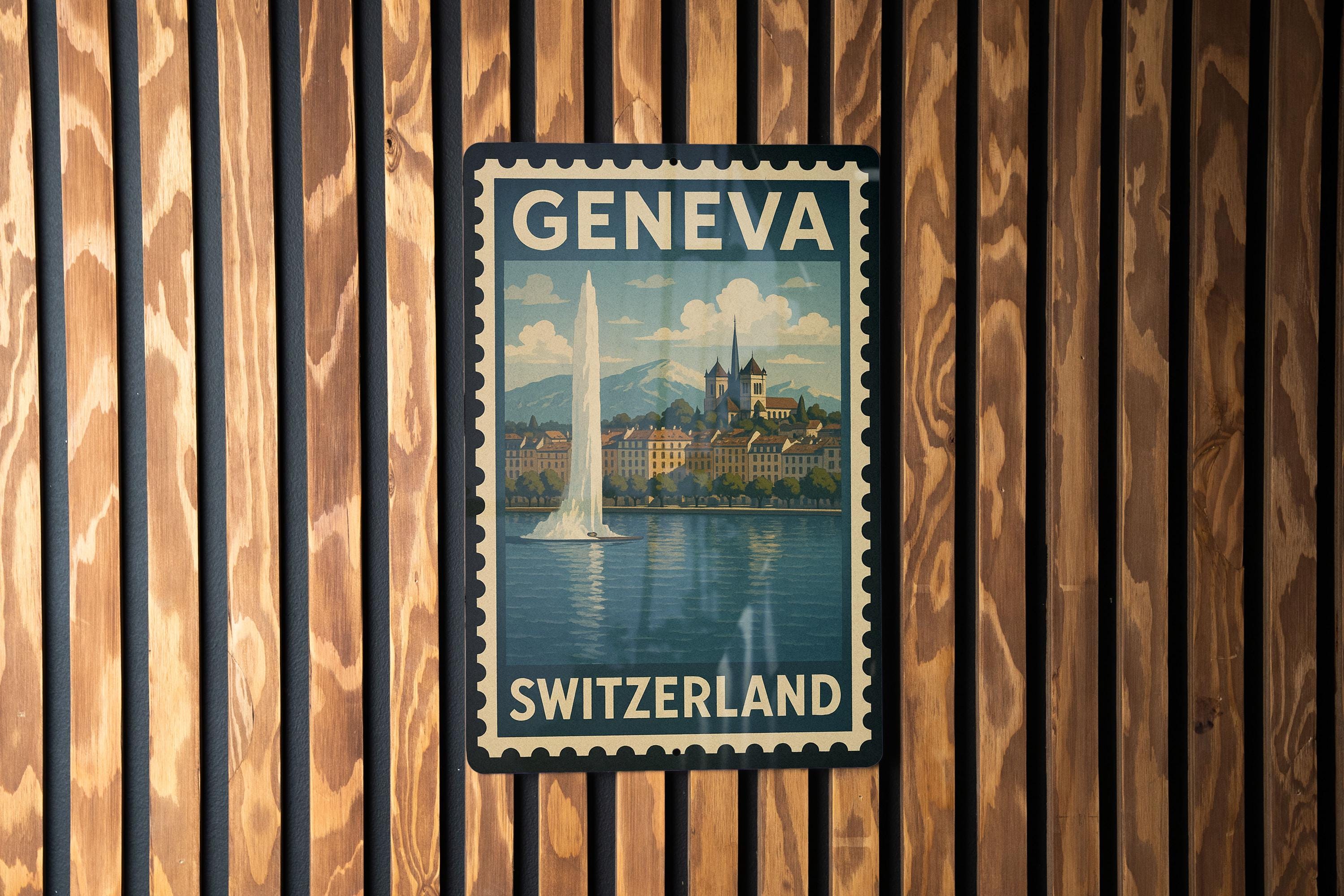 DOUBLE SIGNED Geneva オークションカタログ Geneva Switzerland Metal Sign – Vintage Travel Stamp Style Wall