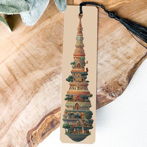 Stupa Embroidery Metal Bookmark – Intricate Needlework Pattern, Artistic Buddhist Design, Detailed Handcrafted Gift Idea