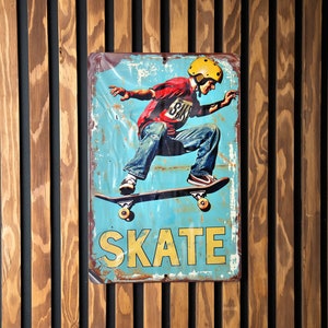 Vintage Skateboarding Sign, Metal Skate Decor, Retro Style Wall Art, SKATE Room Accessory, Skateboard Lover Gift