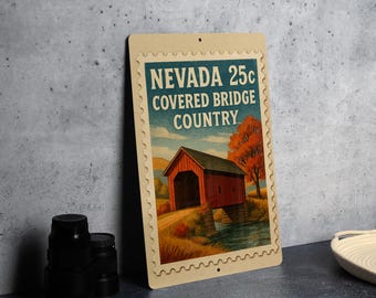 Nevada Covered Bridge Country Metal Sign – Vintage Stamp Style Wall Art for Home, Cabin, or Rustic Decor Gift